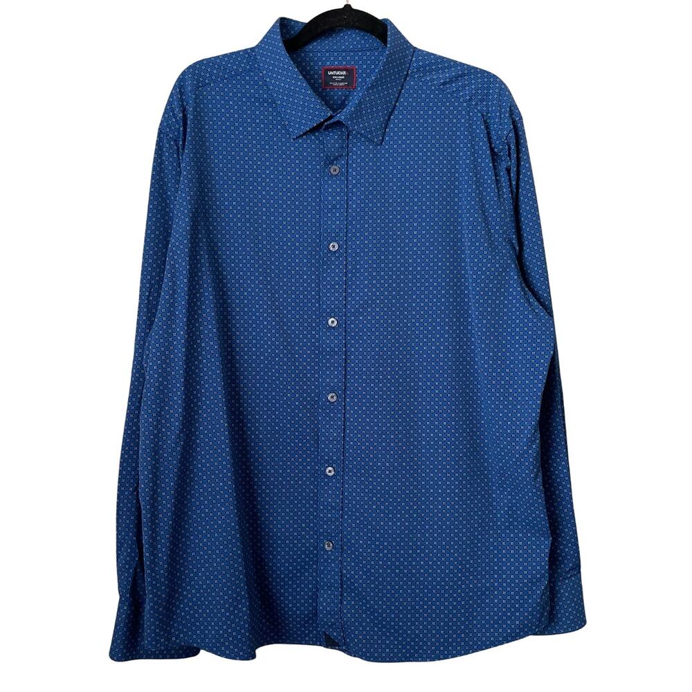 Untuckit Shirt Mens XXL‎ Blue Geometric Floral Stanton Slim Fit Preppy Classic